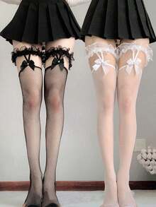 2 双蕾丝上衣渔网袜蝴蝶结吊带大腿袜网眼吊袜带女士长筒袜 - 彩色 - 查看 9