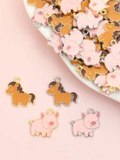 10pcs Cute Pony/Pink Pig Drip Oil Alloy Charms Fashion Necklace Bracelet Earrings Keychain Dust Plug DIY Cartoon Animal Horse & Hog Pendants - Adorable Gift For Suitable For Boys And Girls