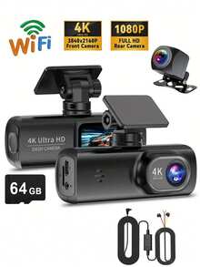 4K Ultra HD Dash Cam, Dual Front And Rear Cameras, Includes 64GB SD Card, Built-In WiFi, 1.47" IPS Screen, Night Vision, 170° Wide Angle, WDR, 24-Hour Parking Monitoring, Mobile App Control, Adhesive Backing, Suitable For All Vehicles, Car Safety Camera | Modern Auto Accessories | Supports WiFi, Car Dash Cam