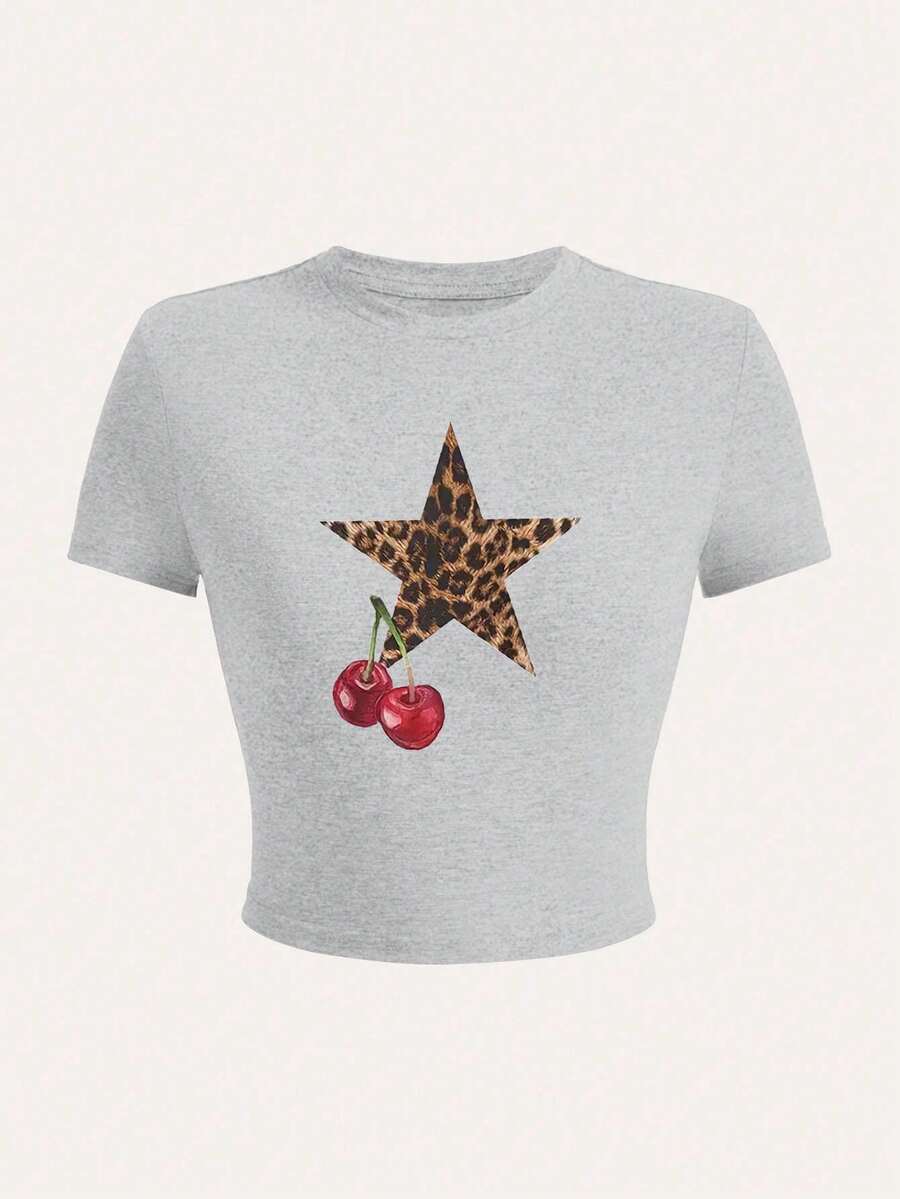Graphic Printed Short T-Shirt, Y2K Spring And Summer Short-Sleeved Crop Top, Women's Top, |Summer Tops,Tops For Women,Summer Top,Graphic Tees Women,Haut,Tops Verano,Tops Mujer,Going Out Tops Women,Women Tops,T Shirts For Women,T Shirts Women,T Shirts Femme,Tops Damen,,Holiday Outfits Night,Summer Holiday,T Shirt Damen,Tops For Summer,Cute Tops,Summer Tops For Women - Màu Xám nhạt - Xem 1