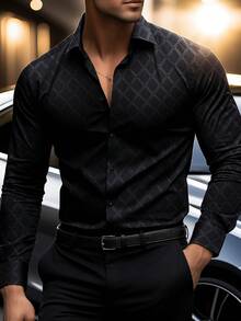 Men's Fashion Casual Business Commuter Stand Collar Solid Color Button-Up Long Sleeve Shirt, Men's Formal Slim-Fit Shirt, Men's Solid Color Argyle Jacquard Shirt. Suitable For Daily Wear, Work Commute, Outings, Gatherings, Can Be Paired With Suit Pants Or Suits To Attend Parties, Weddings, Honeymoons. Can Be Given As A Gift To Sons, Husbands, Boyfriends, Fathers, For Fall - Black - View 2