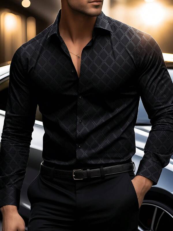 Men's Fashion Casual Business Commuter Stand Collar Solid Color Button-Up Long Sleeve Shirt, Men's Formal Slim-Fit Shirt, Men's Solid Color Argyle Jacquard Shirt. Suitable For Daily Wear, Work Commute, Outings, Gatherings, Can Be Paired With Suit Pants Or Suits To Attend Parties, Weddings, Honeymoons. Can Be Given As A Gift To Sons, Husbands, Boyfriends, Fathers.