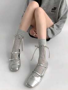 1双女士蝴蝶结薄款中筒袜，芭蕾洛丽塔小腿袜 - 彩色 - 查看 1