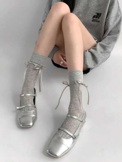 1 par de meias finas de cano médio com laço de fita para mulheres, meias de cano médio estilo Ballet Lolita