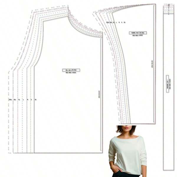 Camiseta con cuello de barco de varios tamaños, patrones de costura a escala 1:1 básicos para prendas de mujer, para principiantes y patrones, plantillas para hacer prendas, diseños de coser hechos a mano