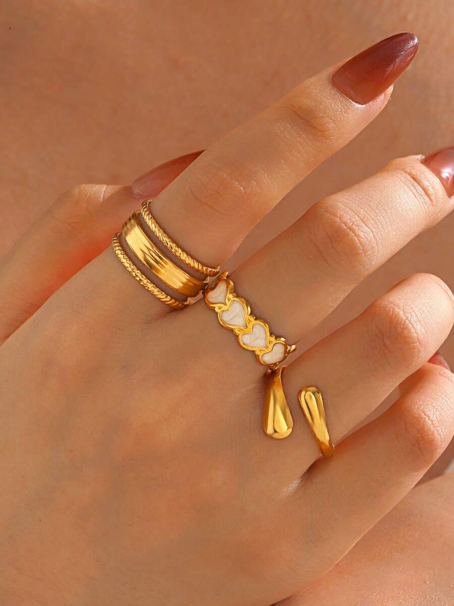 3pcs Set Stainless Steel Fashionable Geometric Heart-Shaped Open Ring, Suitable For Women's Daily Wear - Multicolor - View 1