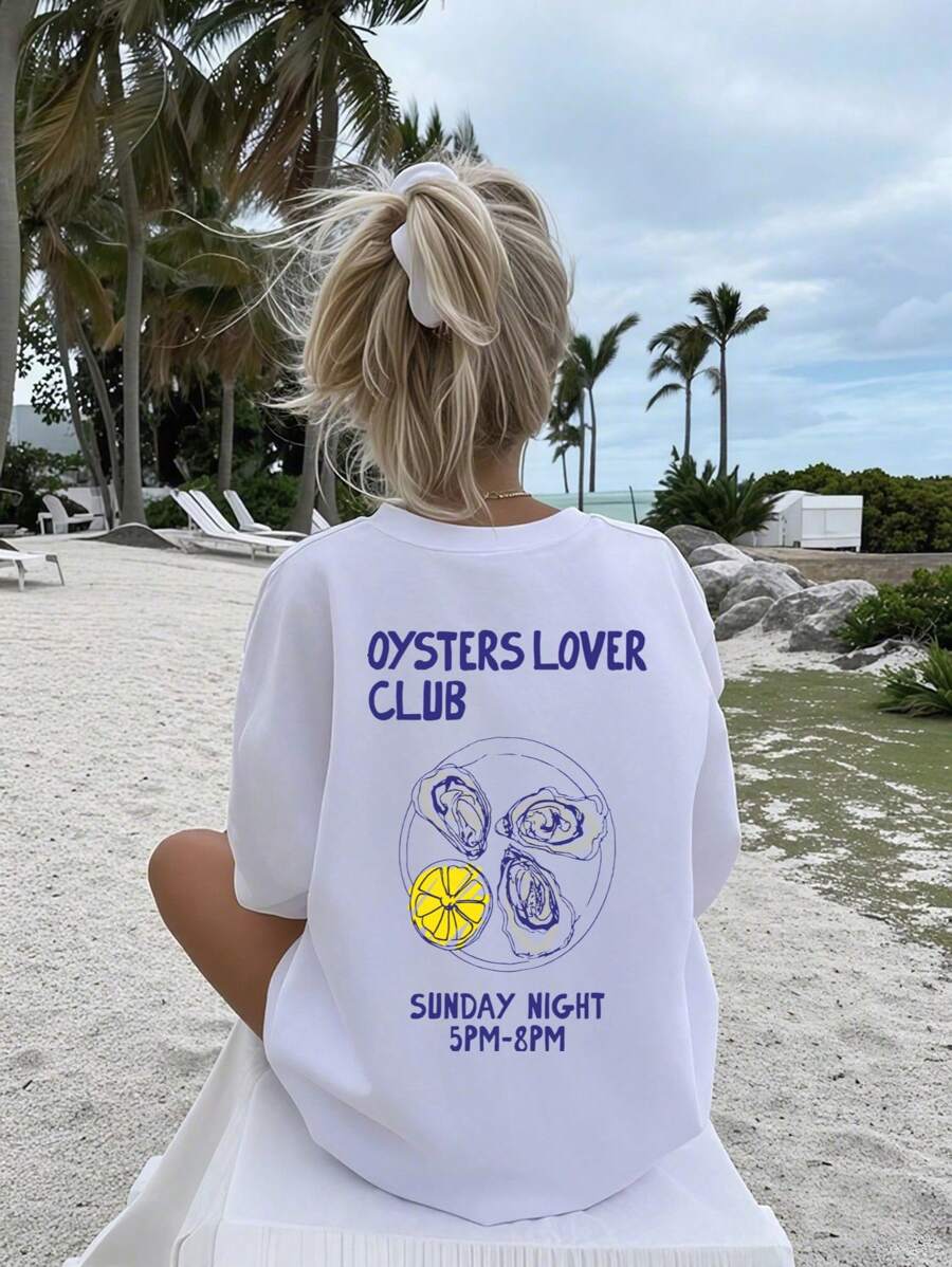 女士純色圓領短袖 寬鬆T卹，100%棉質，春夏裝上衣 外出度假 沙灘，日常 休閒女裝，街頭服飾，節日服裝女士，黑底白貝母圖案設計，夏日海灘風格，舒適面料，獨特禮物創意 - 白色 - 查看 1