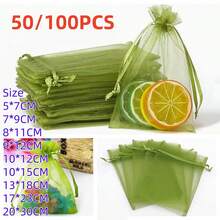 50/100个礼品包装袋，橄榄绿色欧根纱糖果袋，绿色包装袋，餐具，万圣节圣诞节家居用品，节日婚礼派对礼品包装，节庆活动及派对用品，礼品袋糖果袋，旅行收纳包装袋，节日礼品袋，水果防虫袋，圣诞节情人节