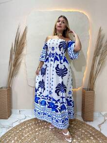 Women's Long Dresses All-Over Print Floral Knot Ruched Ruffle Hem Beach Summer - Blue - View 3