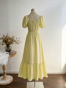 Rusttydustty 年轻女士黄色波西米亚高开衩短袖连衣裙，度假风 - 黃色 - 查看 7