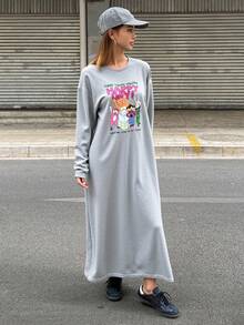 Livesso 女式宽松可爱印花羊毛运动衫连衣裙，秋季服装 - 灰色 - 查看 5