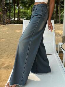 Livesso 女式喇叭牛仔裤，带磨损下摆，宽松牛仔裤 - 藍色 - 查看 1