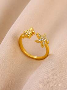 1Pc Marine Life Starfish Shell Ring With Zirconia, Dainty Ocean Sea Shell Open Adjustable Finger Ring, Ladies Jewelry Fashion Accessories