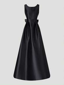 This Elegant And Refined Wedding Dress Features A Boat Neckline, Sleeveless Backless Design, And An Eye-Catching Waist Bow Accent. The A-Line Silhouette Is Suitable For Weddings, Formal Ceremonies, Church Events, Grand Galas, And Destination Celebrations, Making It An Ideal Choice For The Bride. - Black - View 9