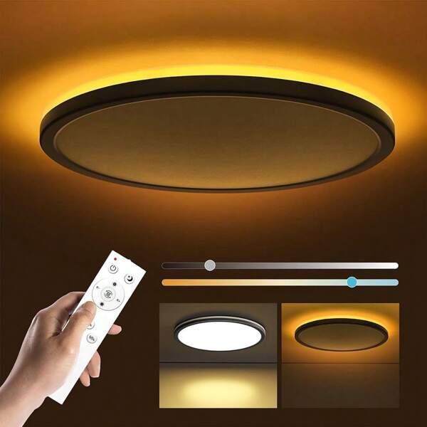 Modern Ultra-Thin Round LED Ceiling Light - Versatile Pendant For Home Decor, Perfect For Kitchen, Bathroom, Balcony & Hallway, Ultra-Thin LED Ceiling Lamp, Golden Amber Backlight, Simple Three-Color Remote Control Dimming And Color Adjustment For Living Room And Bedroom, Suitable For Living Room/Bedroom/Kitchen/Balcony/Dining Room/Corridor/Stairs/Attic