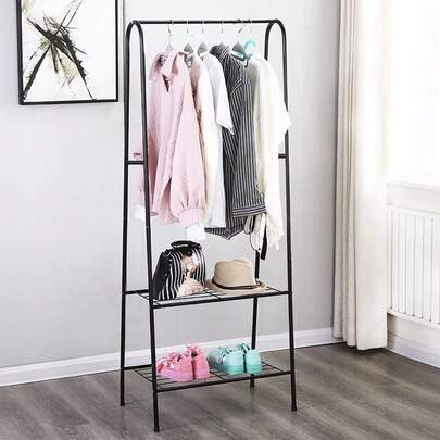 Portant à vêtements, portant à vêtements en forme de A, portant à vêtements à deux couches, tringle à vêtements pour suspendre les vêtements, la couche inférieure peut contenir des chaussures et d'autres petits objets, en acier au carbone, solide et robuste, adapté aux chambres, balcons, vestiaires, noir/blanc