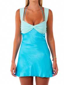 Women Y2k Back Tie Up Bow Mini Dress Summer Sleeveless Contrast Colors Backless Cami Dress Ruched Flowy Beach Vacation Short Dresses - 藍色 - 查看 6