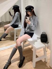 女士独特蝴蝶结灰色波点开衫毛衣，可单穿，秋冬女士针织开衫毛衣，圣诞节和新年礼物 - 灰色 - 查看 5