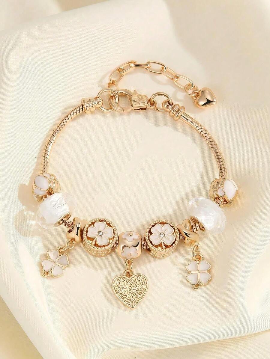 1pc Versatile Minimalist Adjustable Bracelet With Hollow Heart, Four-Leaf Clover And Pink Flower Pendant, Fashion Daily Wear Girl Bracelet - one-size - View 1