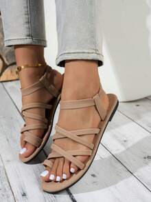 Dép đế bằng thời trang dành cho nữ, thiết kế quai chéo màu trơn thanh lịch, quyến rũ cho nhiều dịp khác nhau, đi nghỉ và đi biển - Màu Khaki - Xem 4