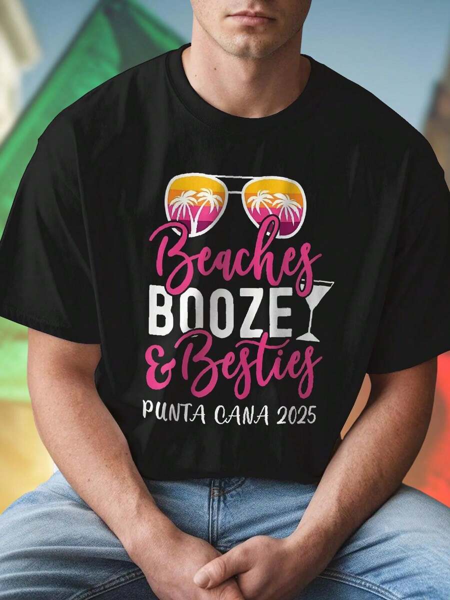 Beaches Booze and Besties Punta Cana 2025 Maglietta Uomo Moda Estiva Look Casual Stampa Divertente Regalo Amicizia Offerta Esclusiva Bestseller Vacanze Spiaggia