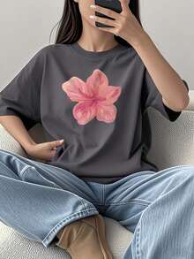 Camiseta de mujer de verano blusa oversize de manga corta con estampado floral ideal para el tiempo libre y las vacaciones en la playa - Gris - Ver 1