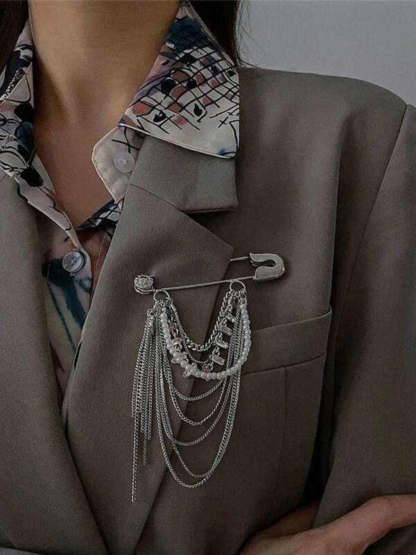 1pc Faux Pearl & Tassel Decor Brooch Pin For Women - Fashionable Accessory For Suits And Coats