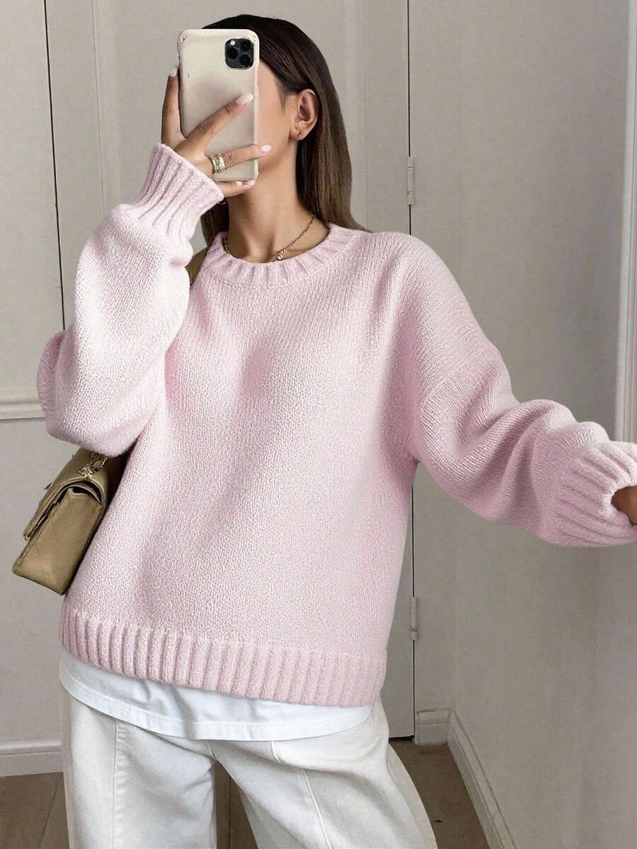 Livesso 纯色落肩毛衣（不含衬衫）、长袖上衣、秋装 - 粉色 - 查看 1