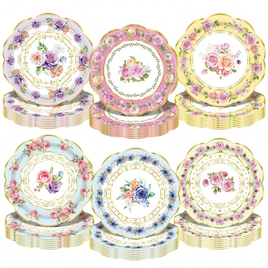48 PCS Floral Paper Plate Tea Party Plates For Birthday Party, Baby Shower, Afternoon Teas, Wedding Party Decorations Disposable Flower Paper Plate - 彩色 - 查看 1