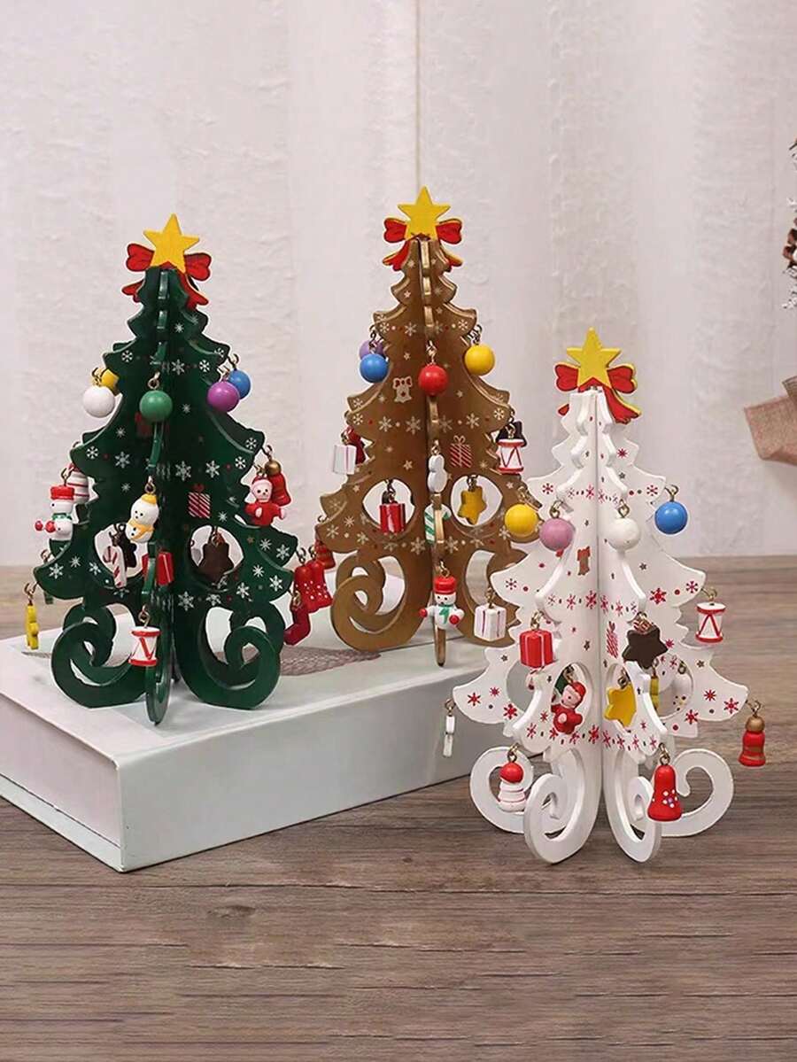 1pc Wooden Christmas Tree Christmas Ornaments Six Pieces Of Tree With Small Pendants Set Christmas Atmosphere Ornaments