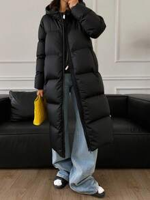Livesso 女士宽松长款连帽羽绒服，长袖，冬季女装，女士冬装外套 - 黑色 - 查看 7