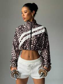 Chaqueta deportiva de mujer con estampado de leopardo - Cortavientos deportivo con cremallera para correr y gimnasio, abrigo transpirable y ligero para entrenamiento con dobladillo con cordón, ropa de exterior casual para primavera y otoño