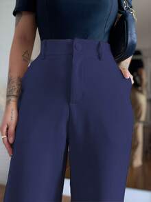 MODA MO, REF: 4714 | Women's Wide-Leg Pants, High Waist, Functional Side Pockets, Romantic Fabric With Lycra Cotton Polyester Elastane, Stylish Bell Bottoms, Monsca Zipper, Modeling That Lifts The Hips, Super Comfortable Fit, Elegant And Versatile Formal Piece For Everyday Wear - Màu xanh hải quân - Xem 3