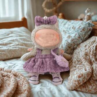 [仅连衣裙] 17厘米第一代/第二代悬挂配件，多巴胺格子连衣裙带头带，适用于拉布布娃娃衣服