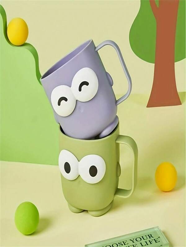 1 pieza 2 piezas - Divertida taza para cepillo de dientes de ojos grandes con mango - Organizador de baño de plástico duradero, soporte para cepillo de dientes lindo para brochas de maquillaje, fácil de sostener con forma juguetona - Taza de limpieza oral, taza para cepillo de dientes del hogar - Taza de lavado linda para pareja y estudiante de dormitorio