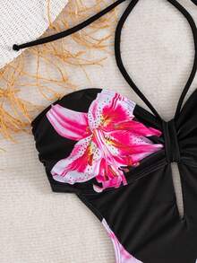 Women's New Style European And American Sexy Halter One-Piece Cutout Swimsuit - Black - View 4