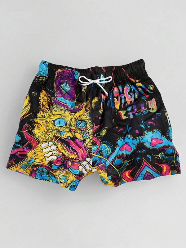 Pantalones cortos casuales con cordón, de secado rápido y transpirables con estampado de gato de dibujos animados para hombre, estilo de moda de calle, shorts deportivos y de playa para el verano