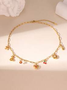 GEREIT 1pc Summer Red Cherry Heart Pendant 18K Gold Stainless Steel Necklace For Women, Suitable For Everyday Wear - Love Cherry - View 3