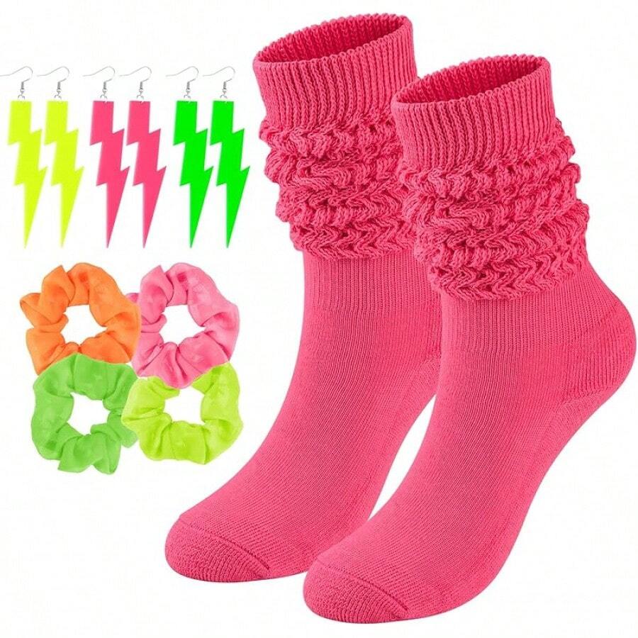 Neon Slouch Socks For Women Knee High With Scrunch Detail And Matching Neon Earrings Scrunchies Set For 80s 90s Retro Parties - 玫紅色 - 查看 1