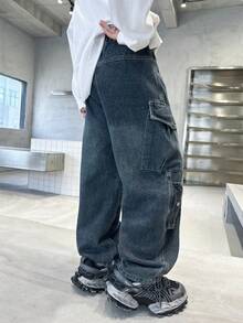 男童宽松工装牛仔裤，大口袋，适合秋季休闲、上学、户外穿着 - 藍色 - 查看 8