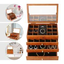 HOHOBLA 4-Layer Rectangular Wooden Jewelry Box Multi-Functional Jewelry Storage Organizer With Mirror + Full Pull-Out Drawer Flocked Fabric Vintage For Jewelry Storage Ring Earrings Storage Organizer [Wonderful Gift For Family&Friends] - 棕色 - 查看 11