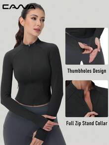 Cavva Women Lightweight Athletic Jacket Cropped Zip Up Workout Jackets Long Sleeve Yoga Tops Slim Fit Running Gym - Black - View 6