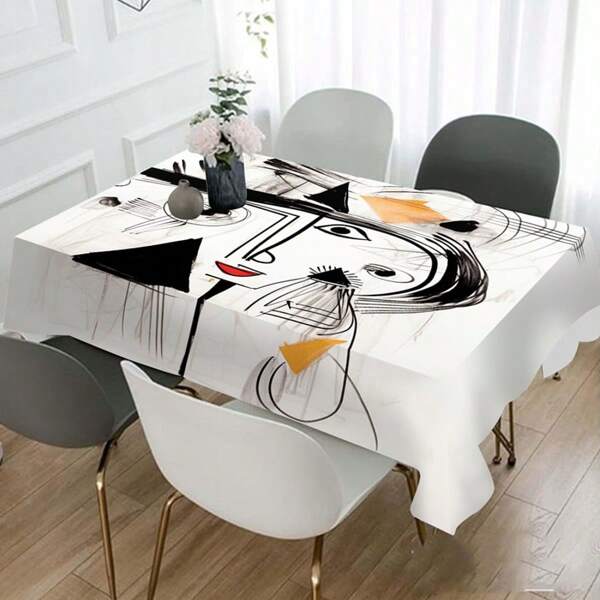 1pc Abstract Cartoon Art Tablecloth, Polyester Square Woven Dust-Proof Tablecloth, Suitable For Household Gatherings, Living Room And Party Decor