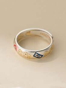 1pc Fashionable Open Ring With Blessing Words, Gourd Lotus Sutra And Cat Pattern, Versatile Daily Wear Jewelry Gift For Men