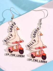1 对创意有趣古怪可爱卡通精致鹅骑驴“Silly Goose On The Loose”字母吊坠耳环，女士派对珠宝 - 彩色 - 查看 5