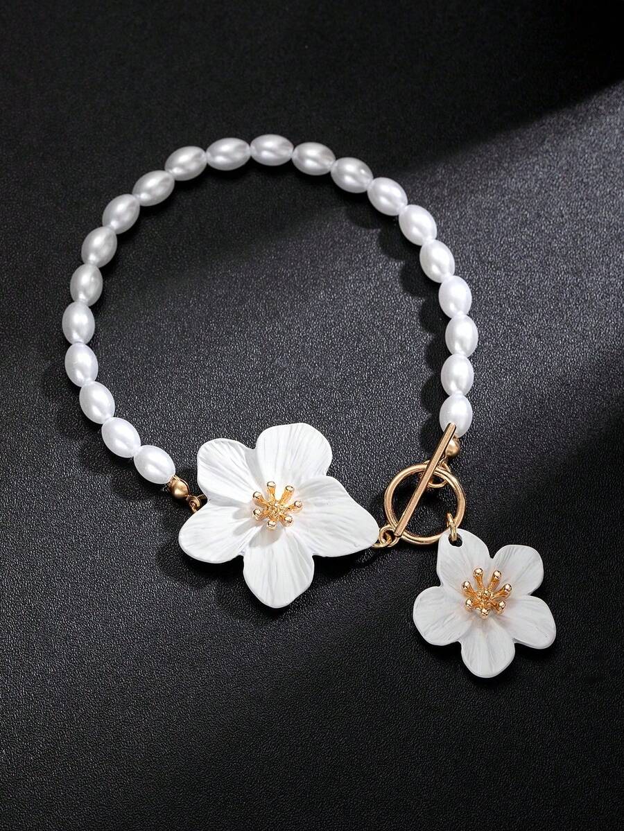 1 件时尚仿珍珠涂层 3D 花朵女式脚链，适合海滩度假和送礼（珠子数量随机）