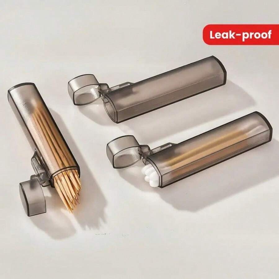 1pcs Portable Transparent Plastic Toothpick Cotton Swab Box | Leak-Proof Metal Cylinder Design | Home, Camping And Outdoor Travel Storage | Modern Minimalist Style | Transparent Plastic Container - Đen - Xem 1