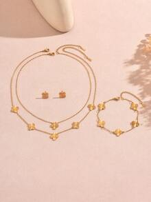 1 Set de Joyería de Acero Inoxidable con Diseño de Textura Floral en Estilo Minimalista, Adecuado para Uso Diario de Mujeres - Amarillo Oro - Ver 6