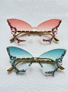 1/2 Paar modische Schmetterlingsform Großer Rahmen Dekorationsbrille, geeignet für Bälle, Modeschauen, Frauenbrille mit Diamanten verziert, Partybrille und Reise
