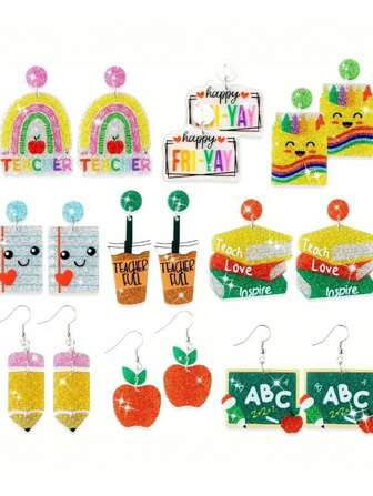 9 Pairs / Sets Of School Season Return-To-School Season Text Earrings, Shiny Acrylic Pencil School Barzhi-Dye Heart Earrings For The First Day Of School. Earring Set Suitable For Daily Gifts, For Both Men And Women.